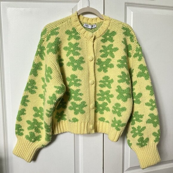 Zara Yellow Floral Funky Knit Retro Cardigan Womens Large - Picture 2 of 5